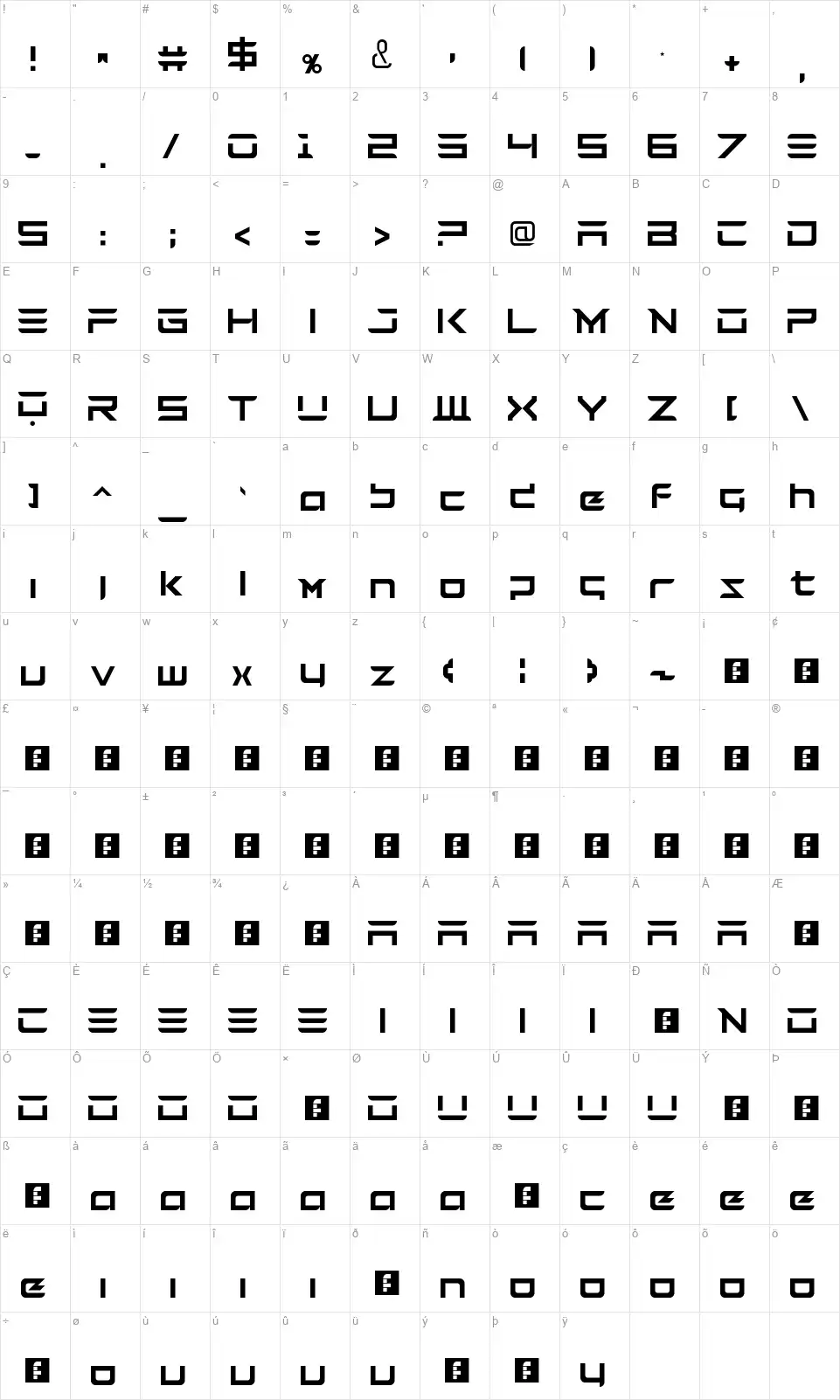 Teslafont character map