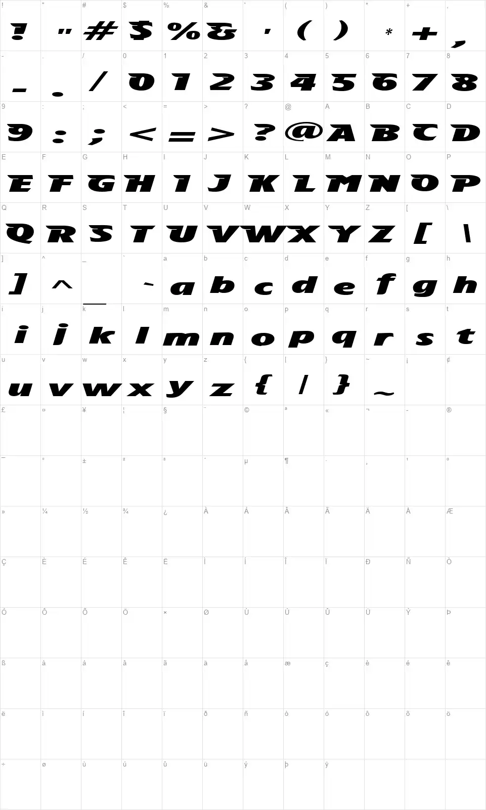 The Aeroplane flies highfont character map