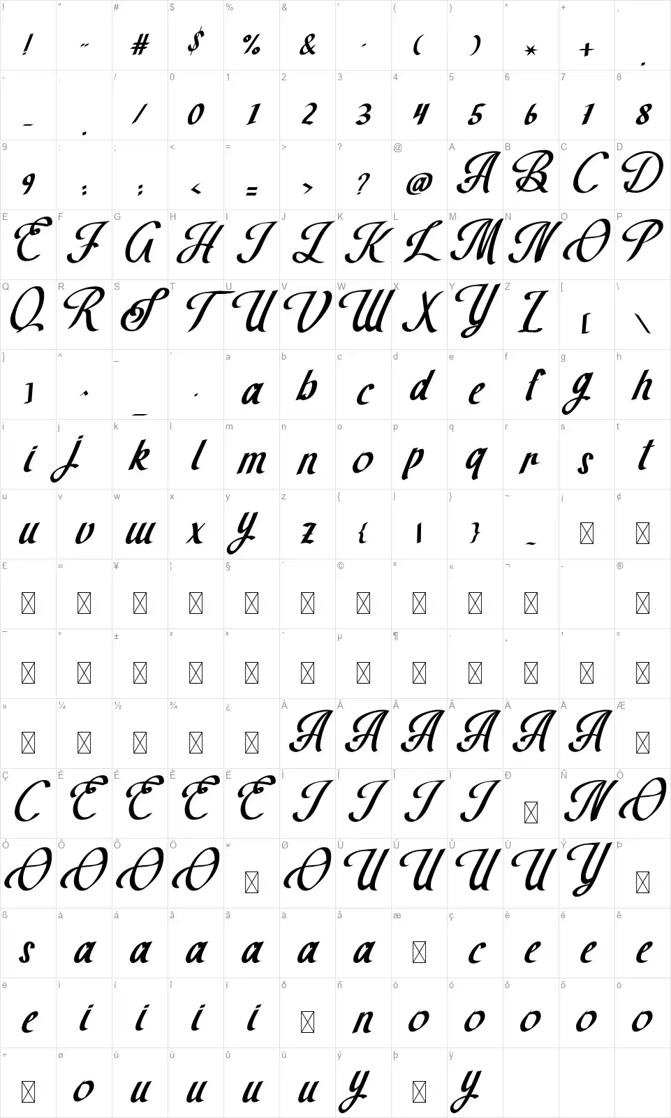 The Brown Wallfont character map