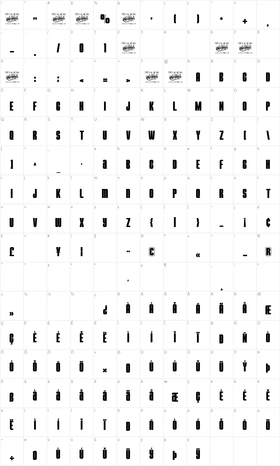 The Meziranefont character map