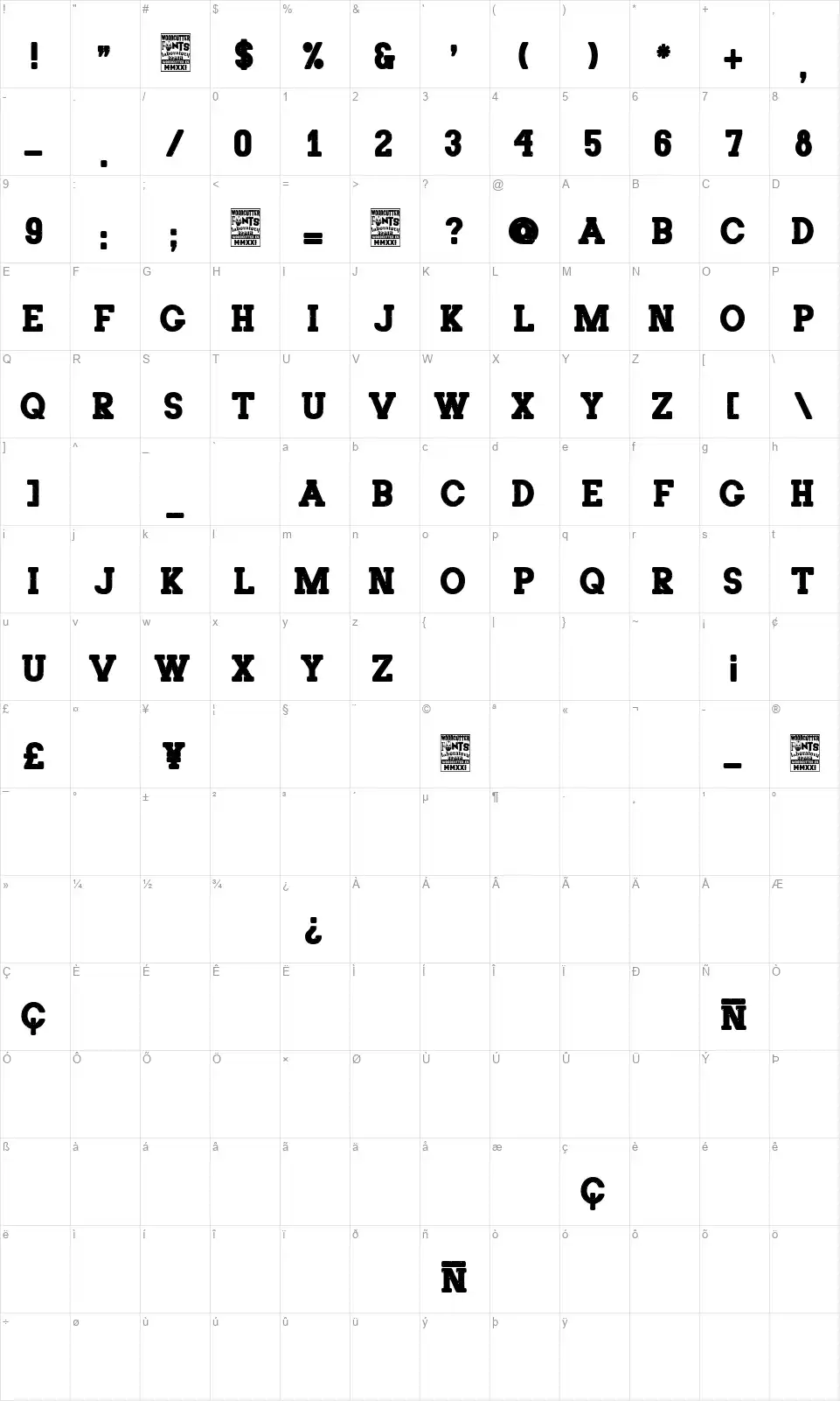 The Poster Seriffont character map