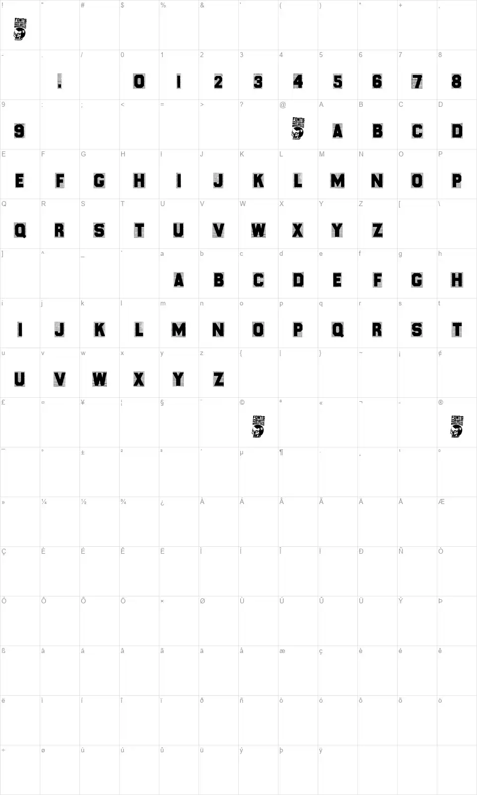 Thespianfont character map