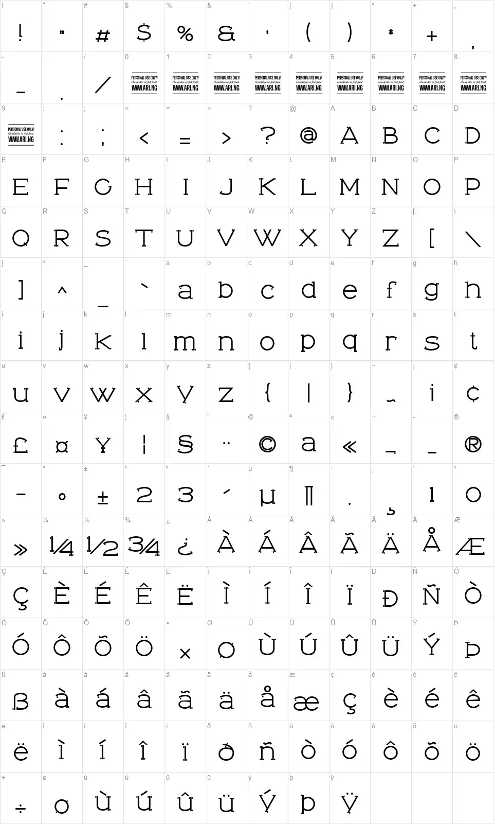 Tominofont character map