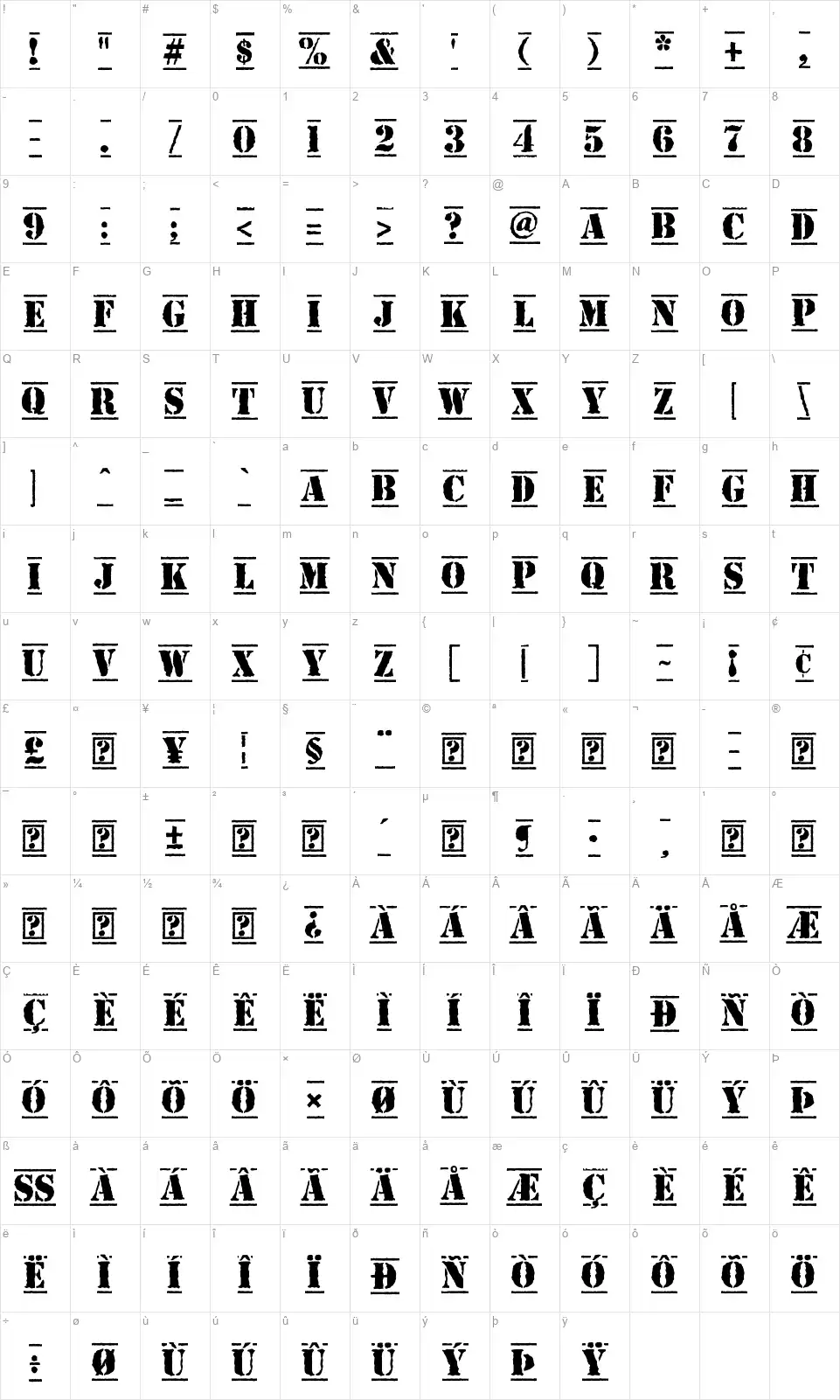 Top Secret Boldfont character map