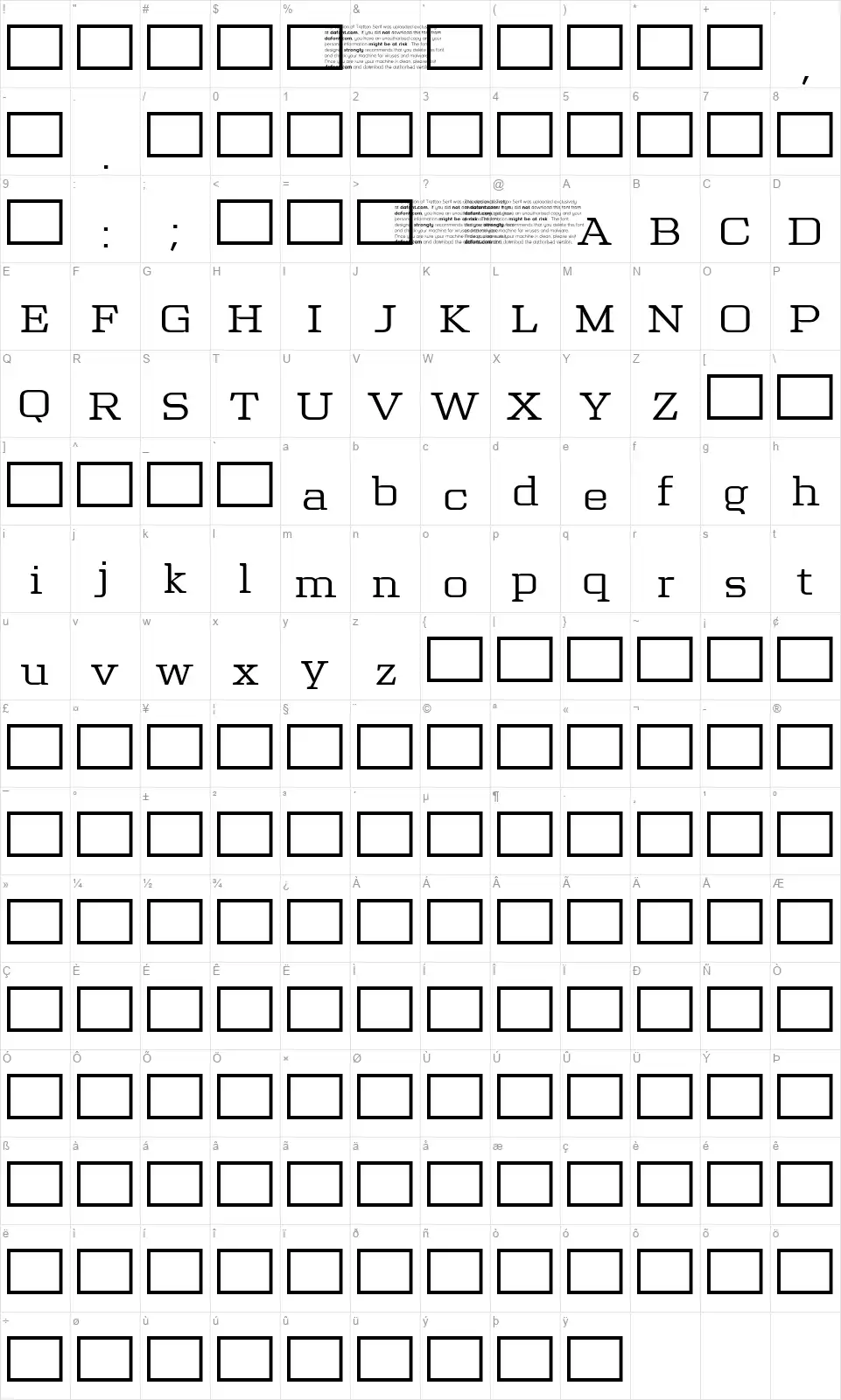 Tretton Seriffont character map