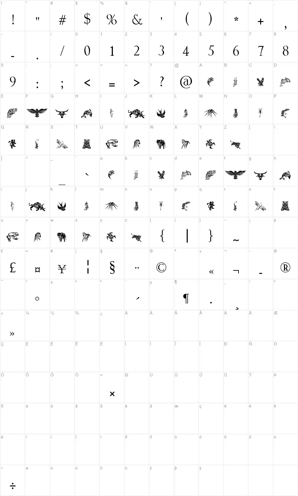 Tribal Animals Tattoo Designsfont character map