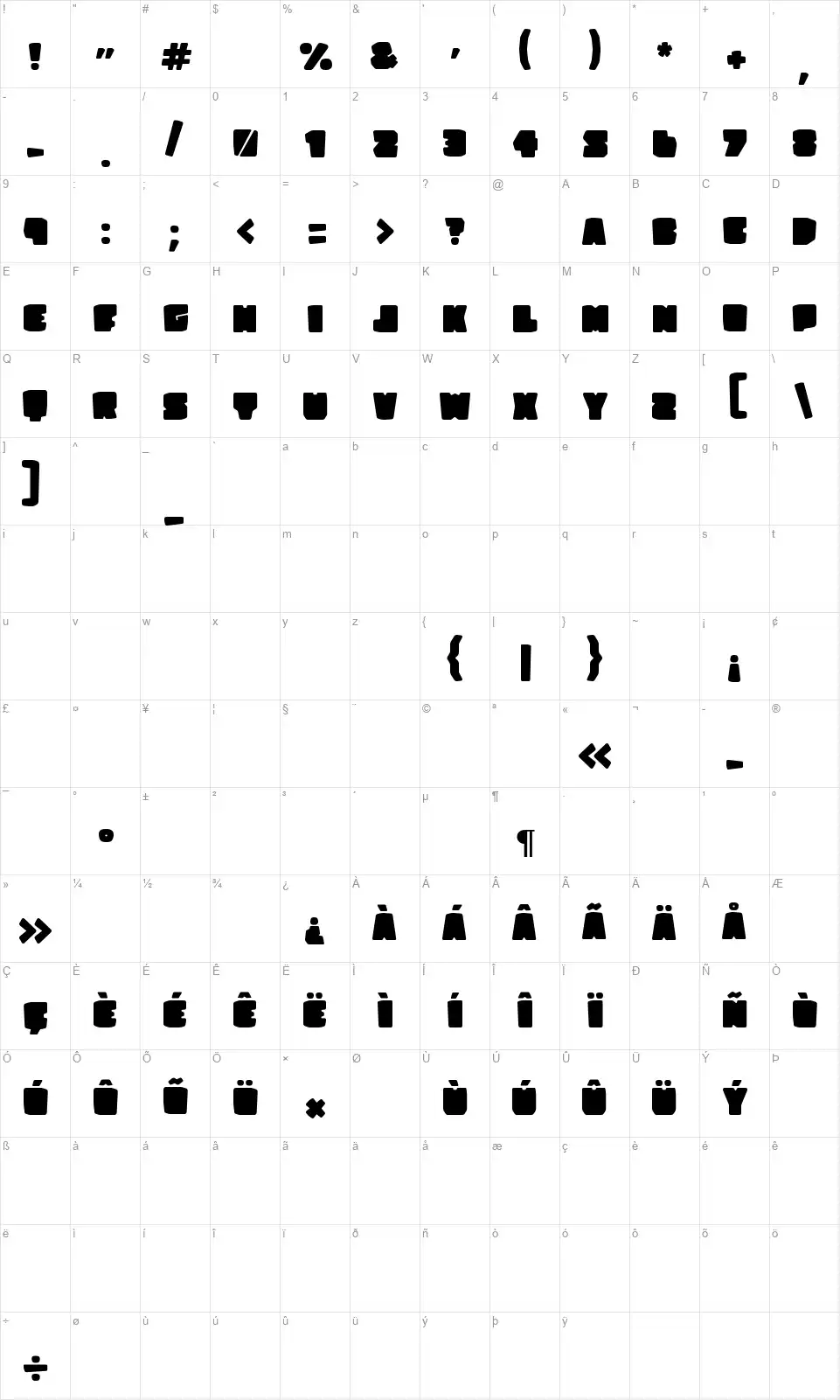 Trinta Quatro Fatfont character map