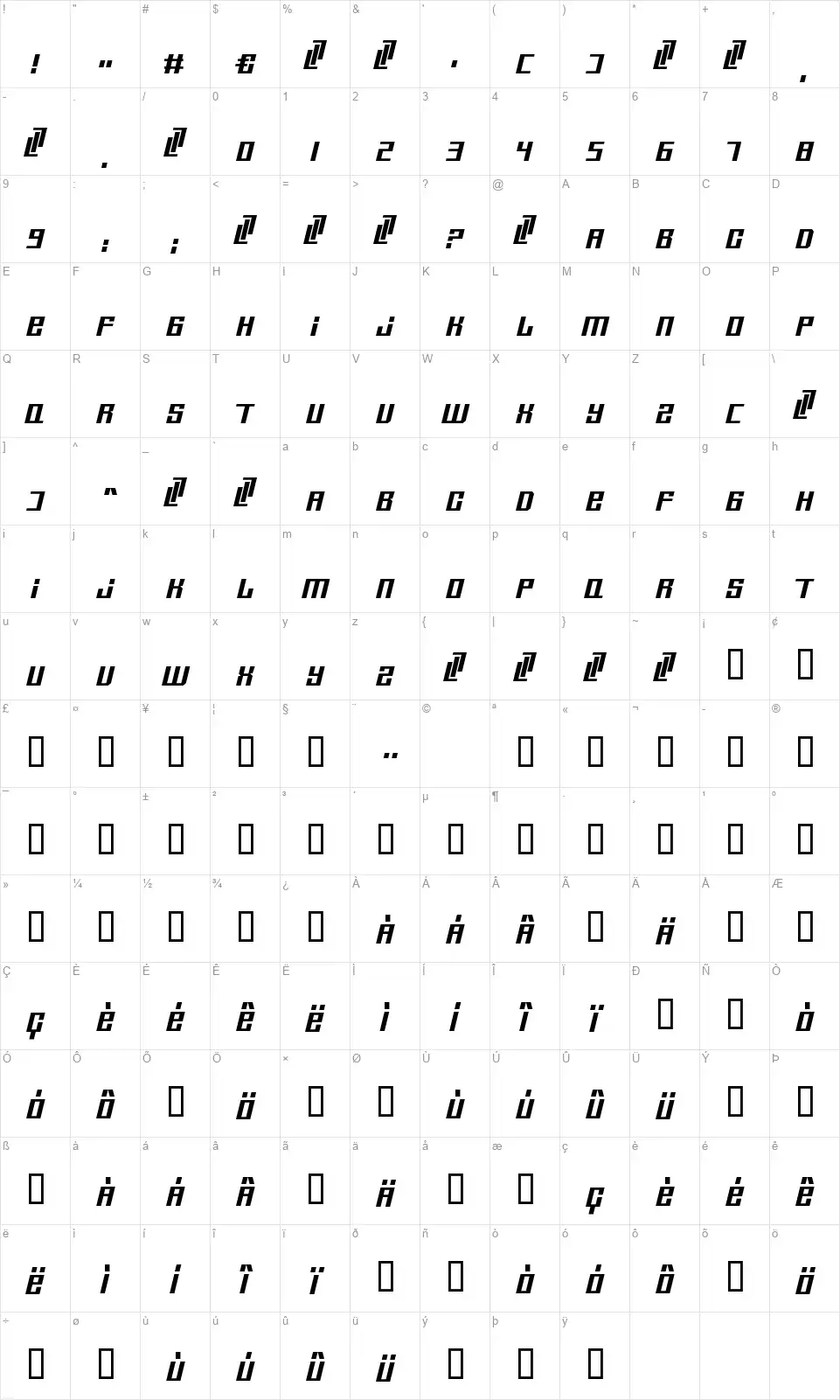 Tristar Newfont character map