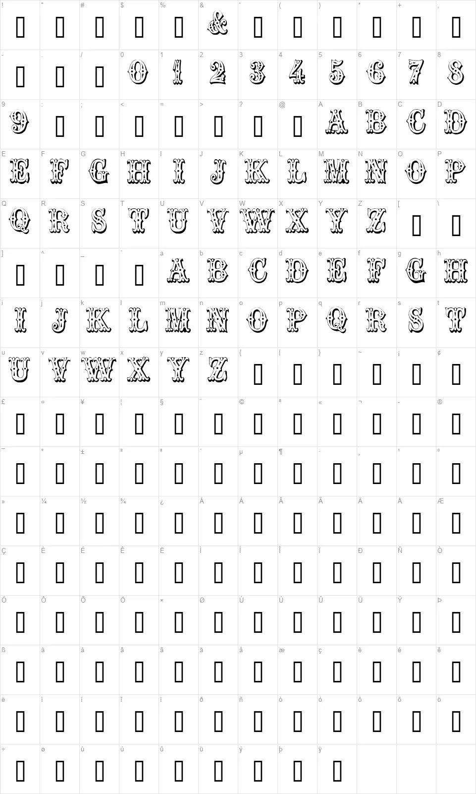 Trocaderofont character map