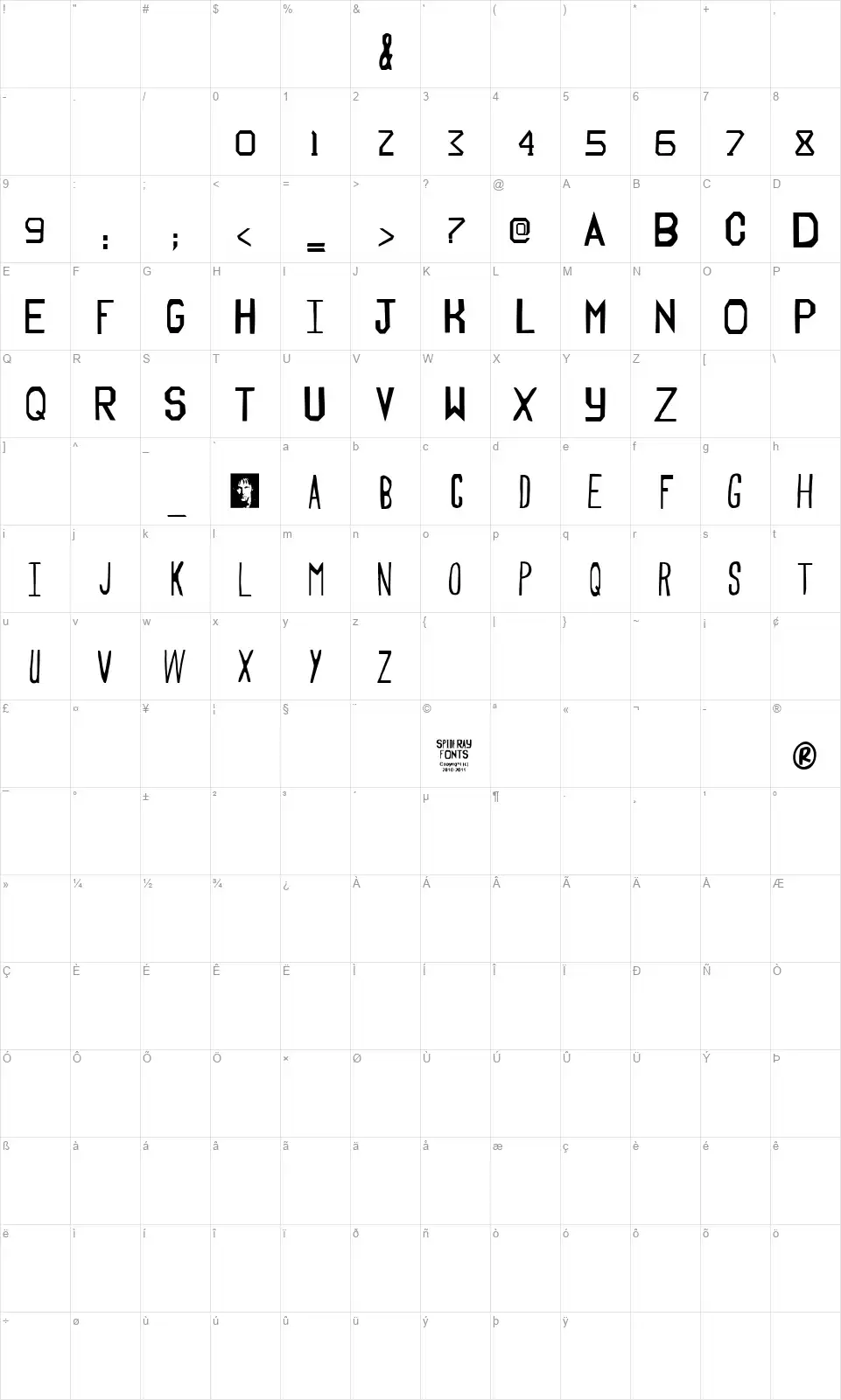 Truebloodfont character map