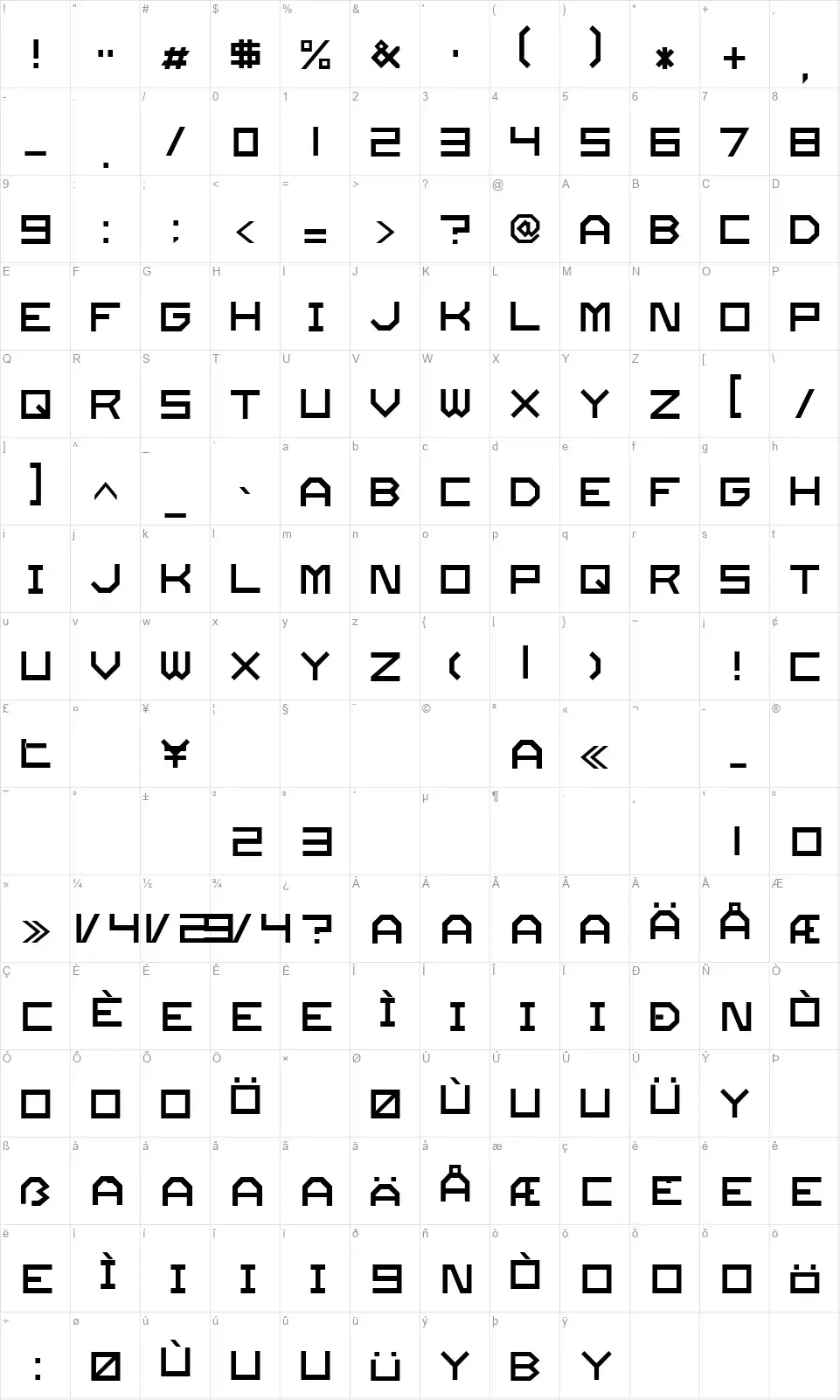 Twode.nofont character map