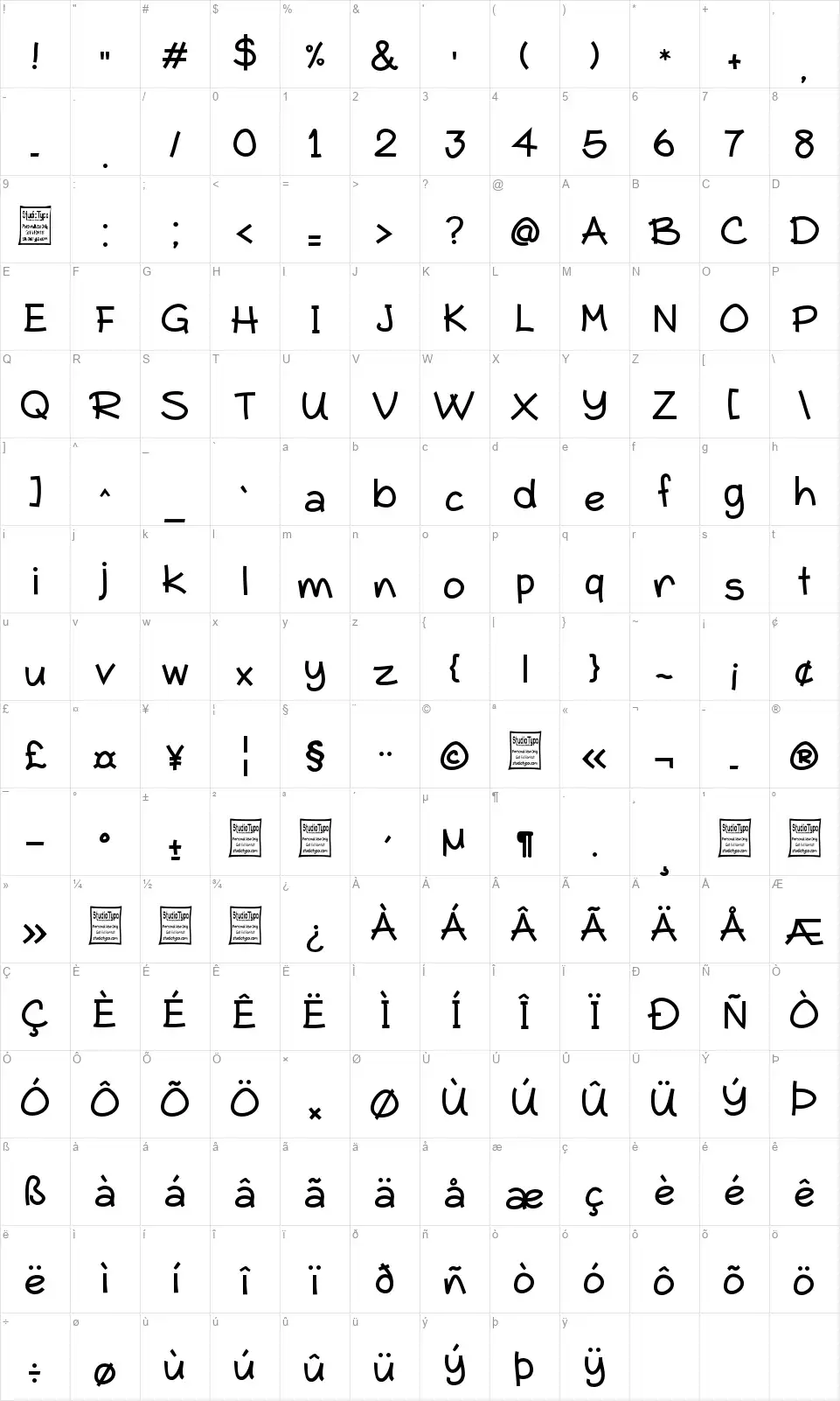 Typo Comicafont character map