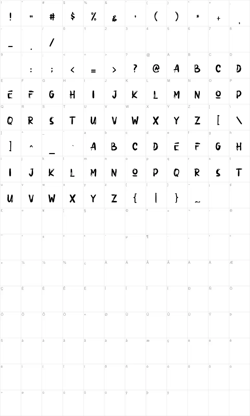Ultra Brushfont character map