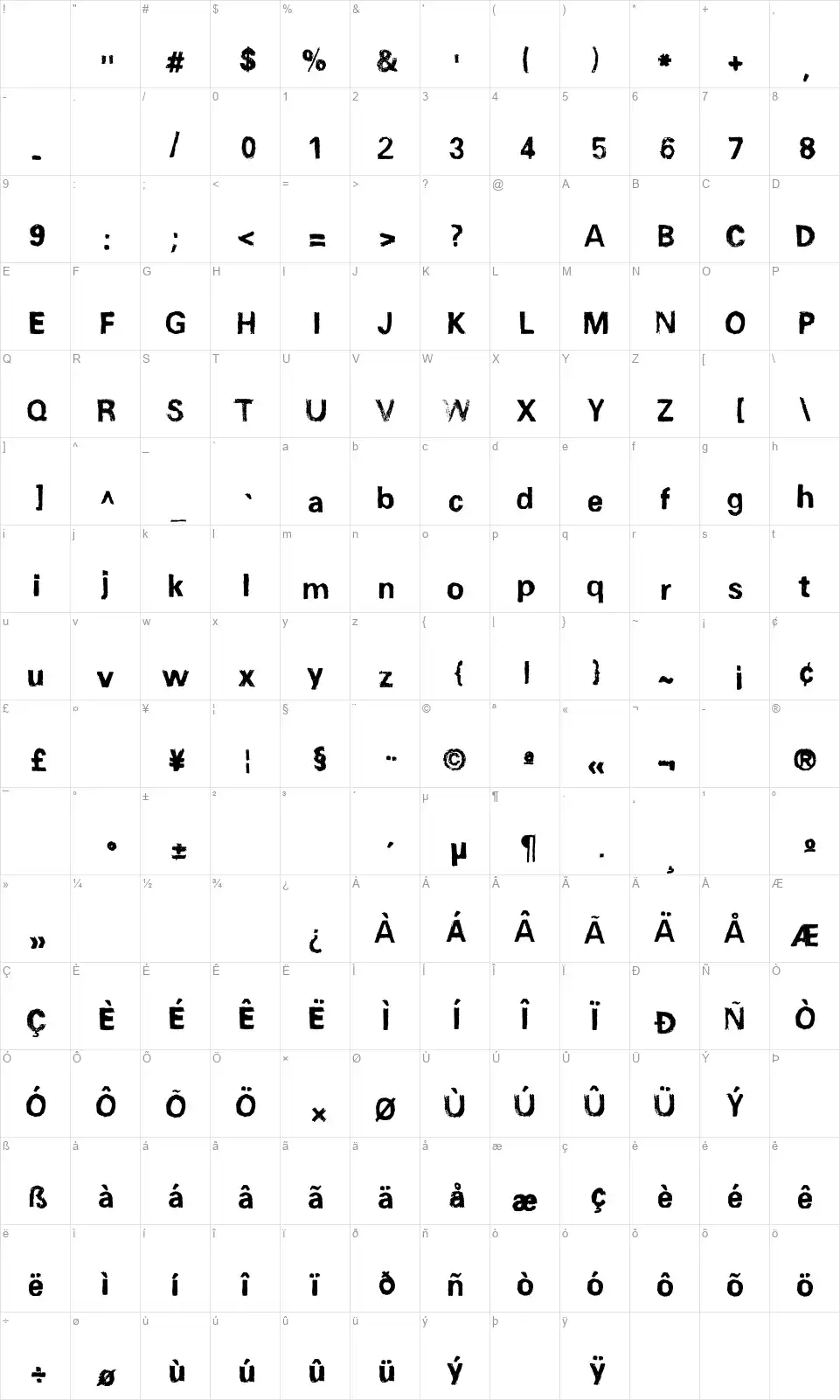 Unisketchfont character map