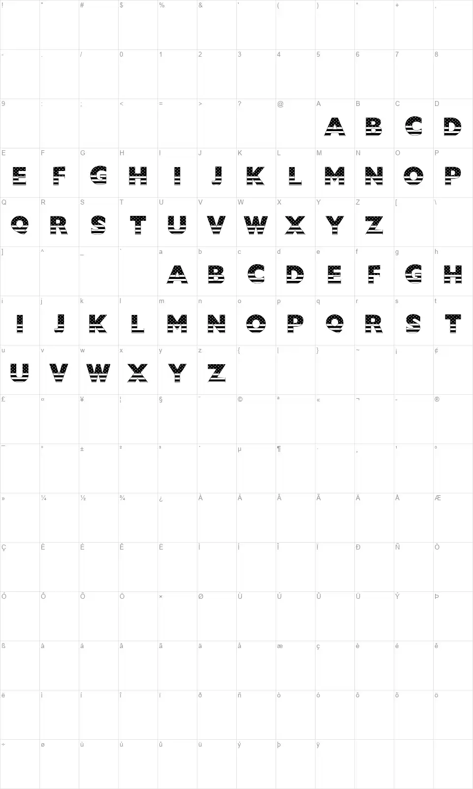 US Stars N Stripesfont character map