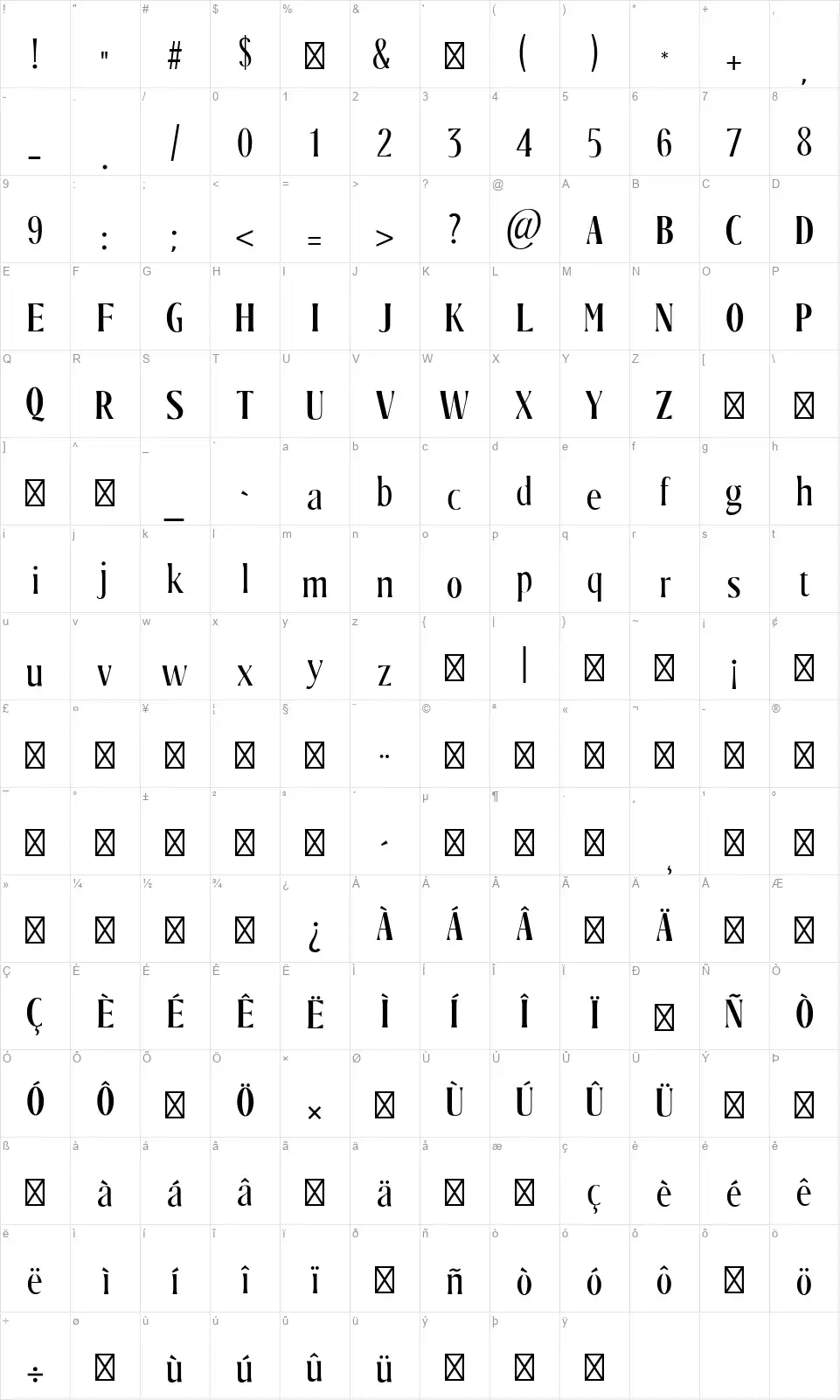 Vainillafont character map