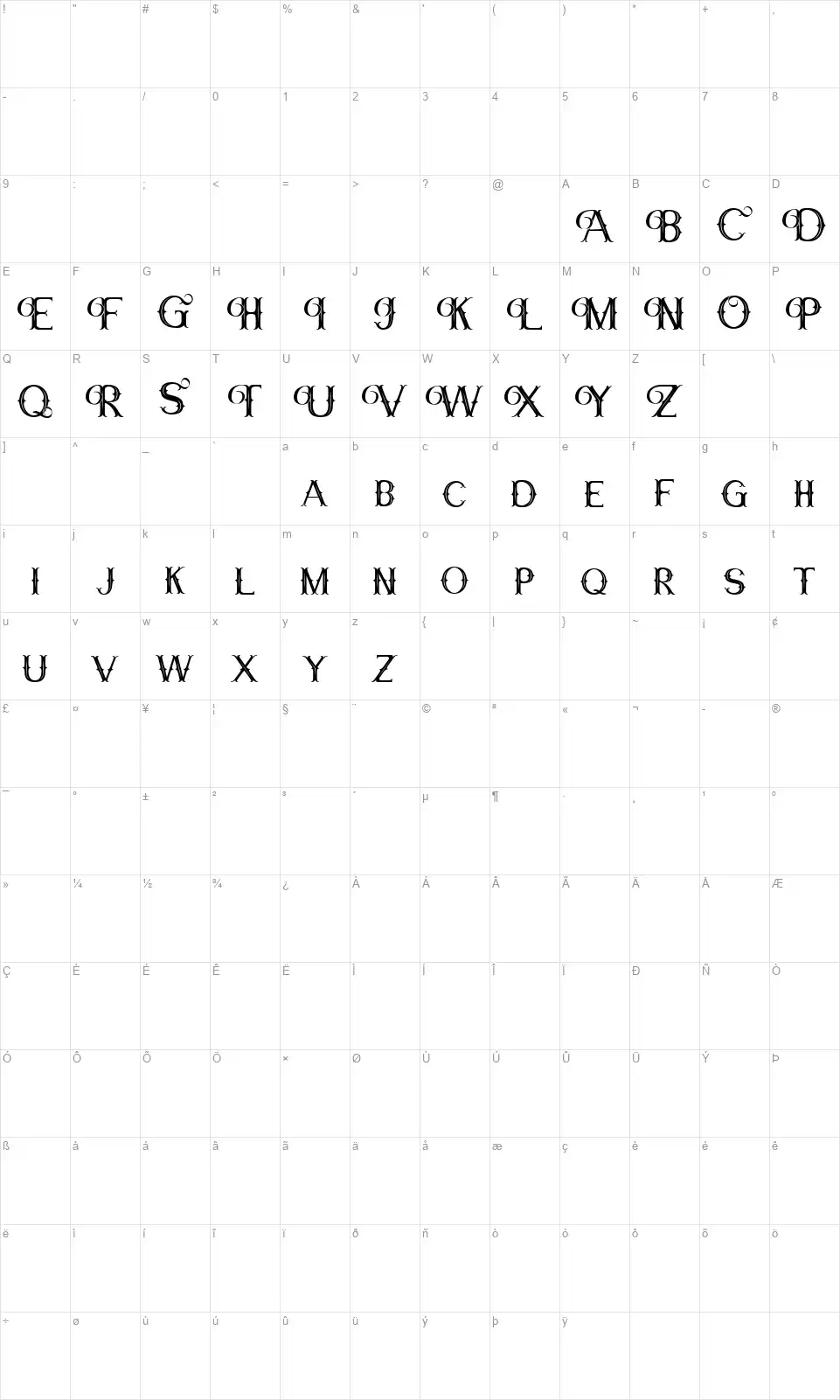 Vanbergfont character map
