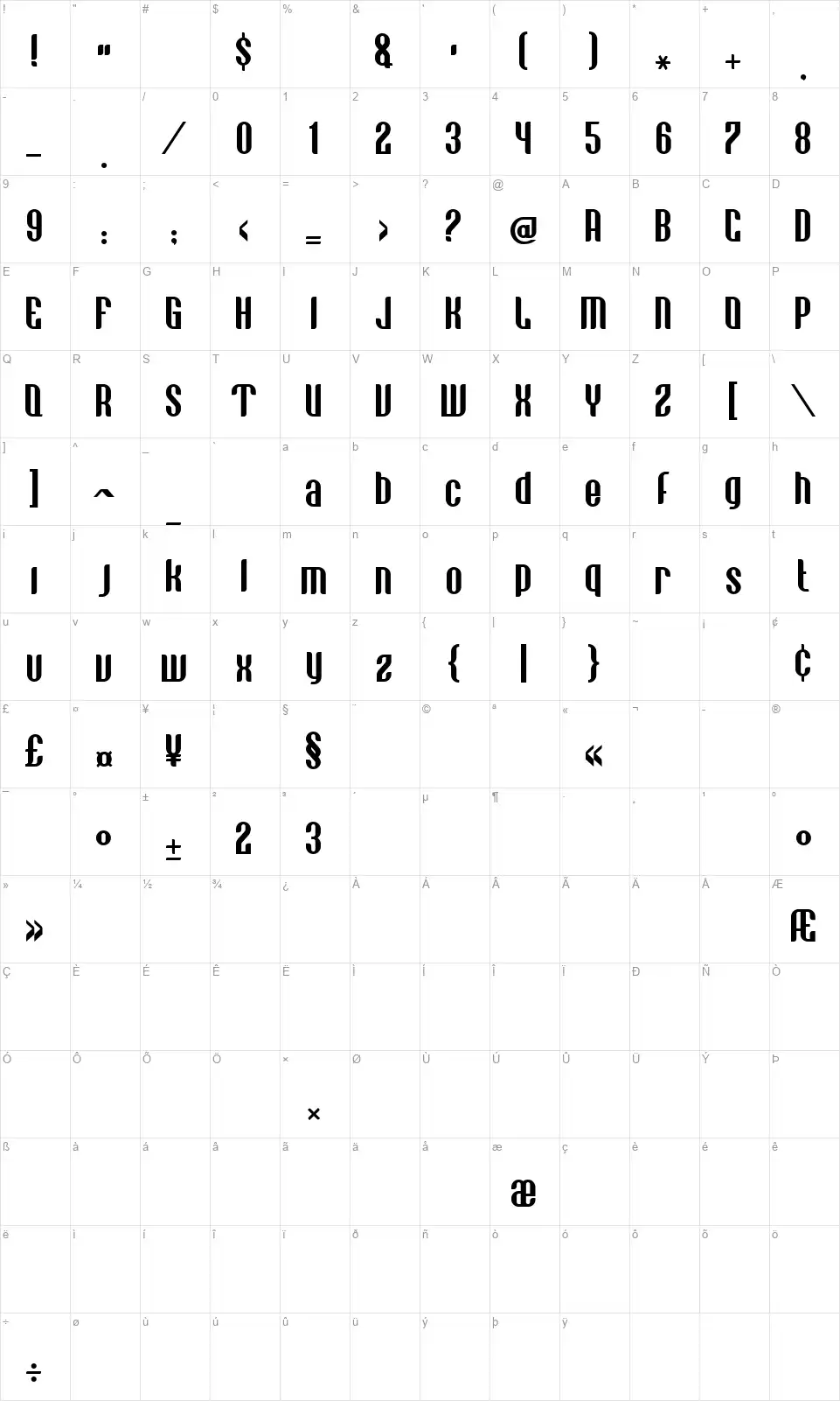 VE Vastagurly Displayfont character map