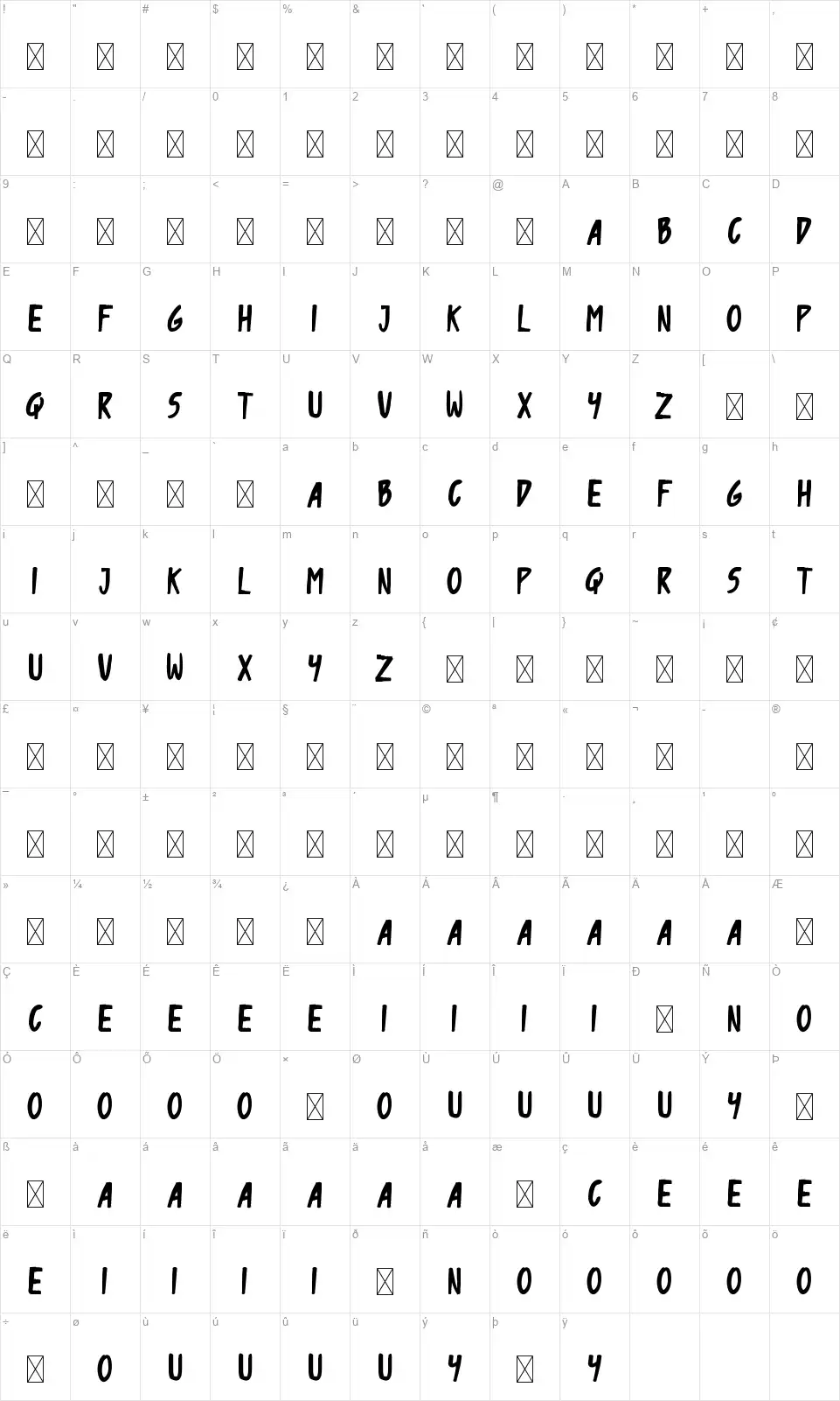Vender Rustime Display Grungefont character map
