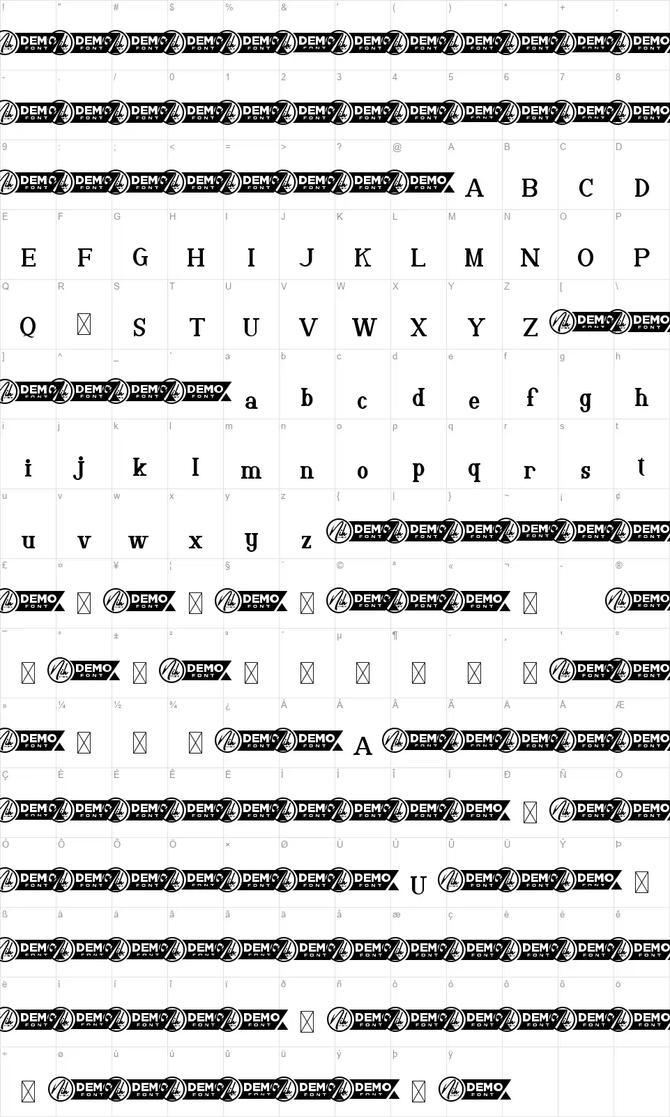 Vergasfont character map