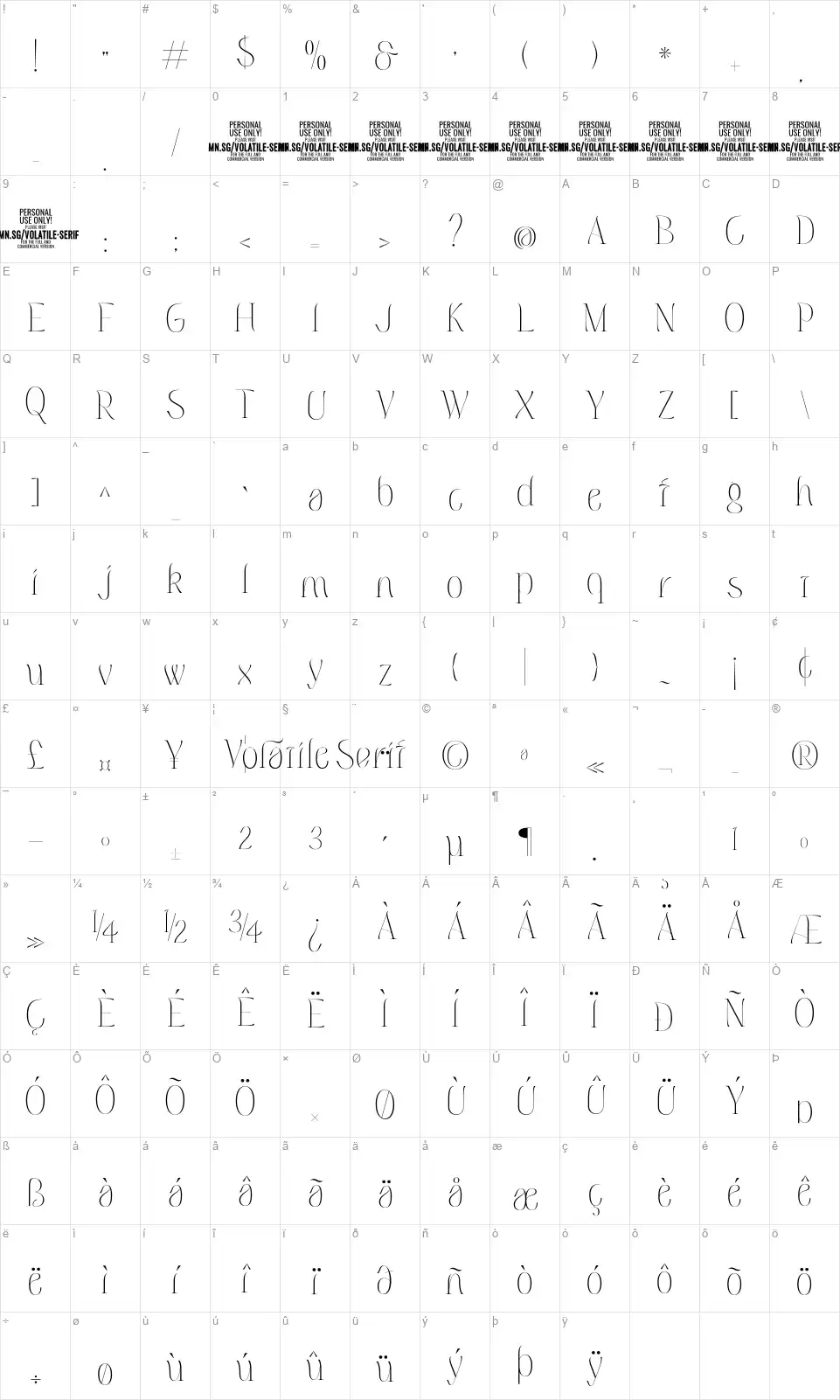 Volatile Seriffont character map