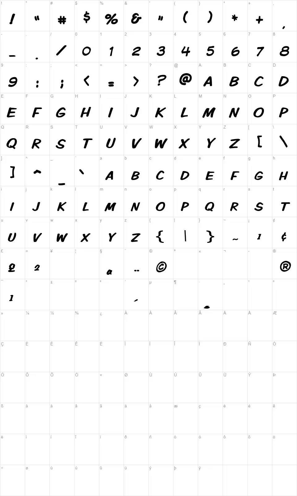 VTC Komixationfont character map