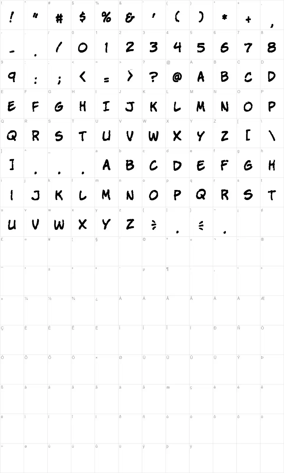 VTC Stressed Handfont character map