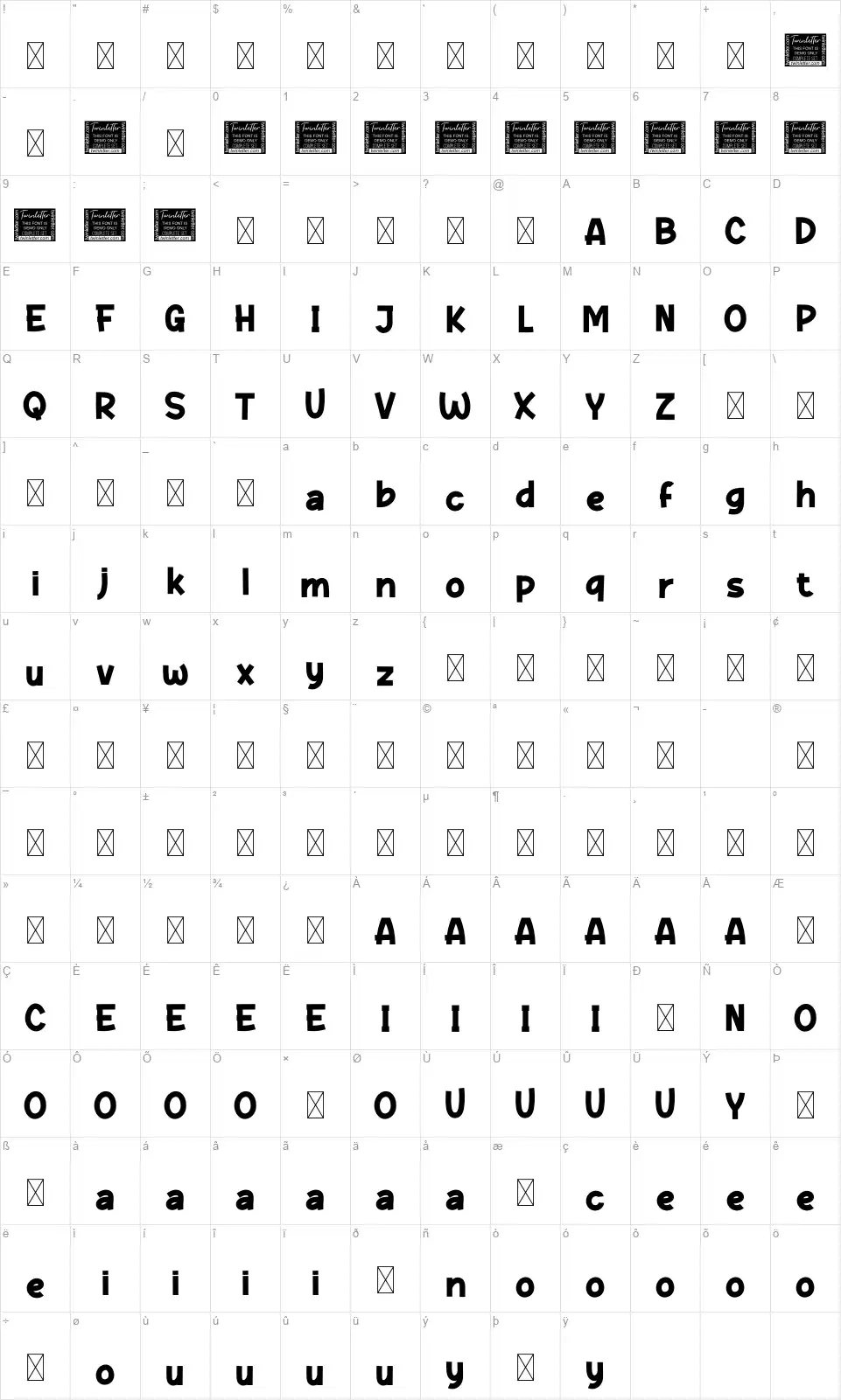 Waghufont character map