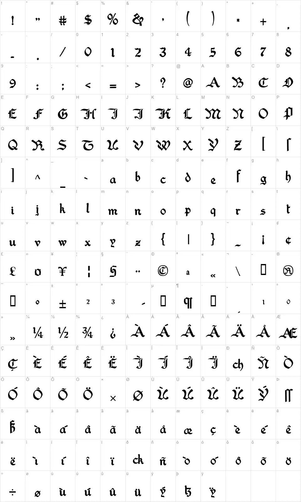 Washington Textfont character map