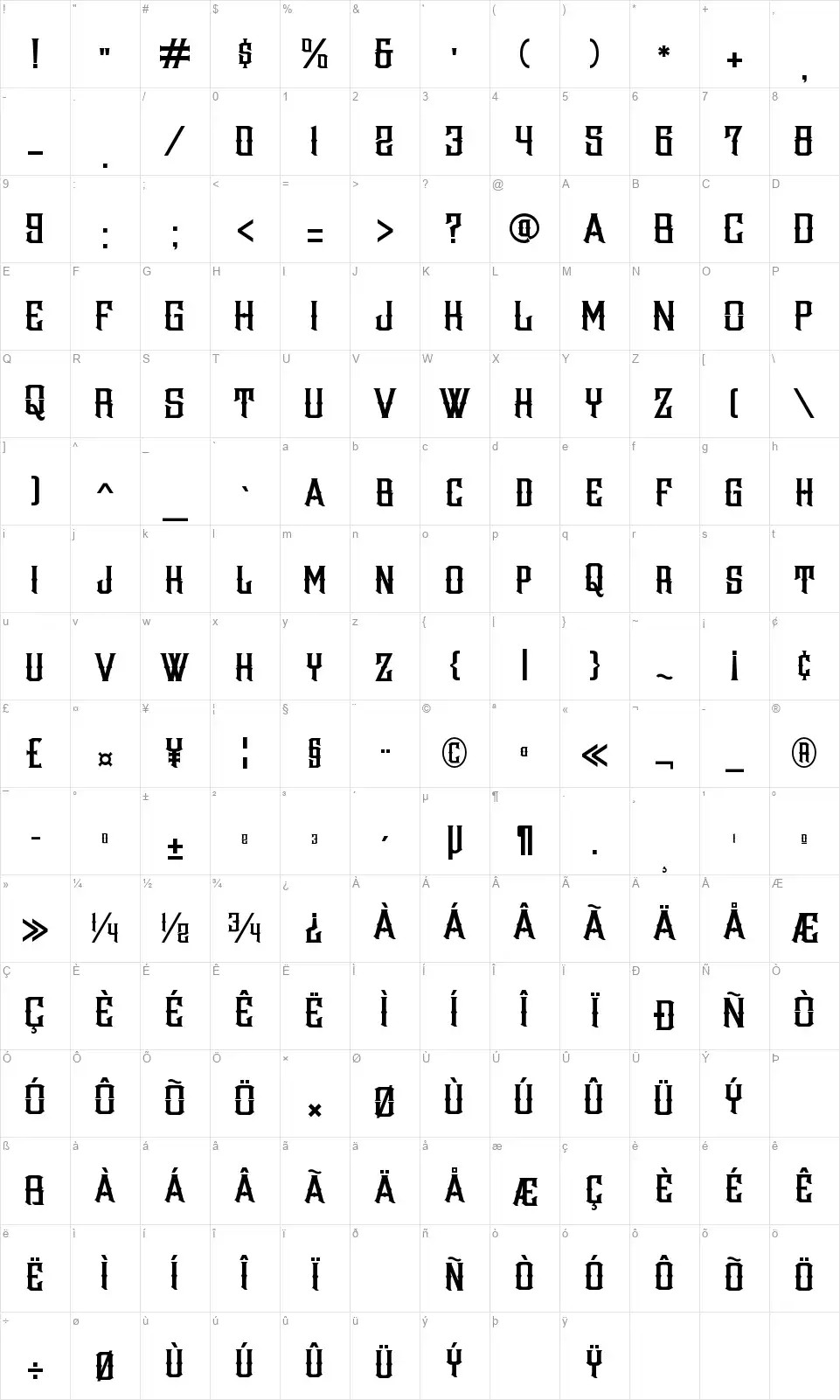 Wazinttefont character map