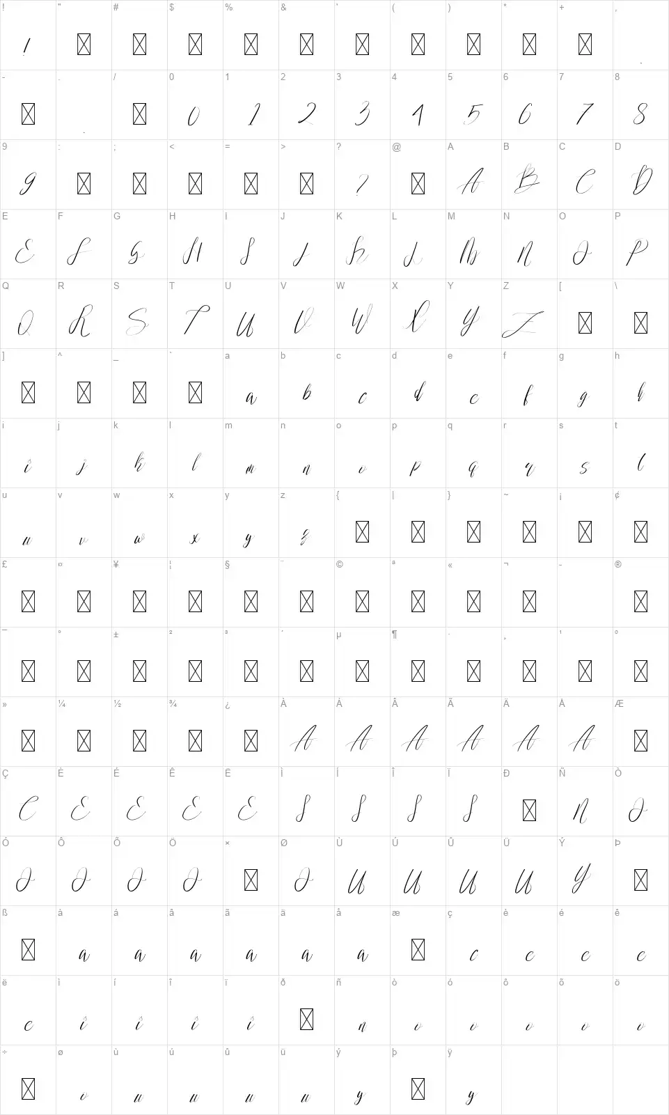 Wedding Joyfont character map