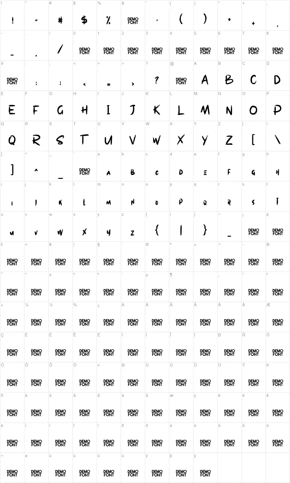 Westpartfont character map