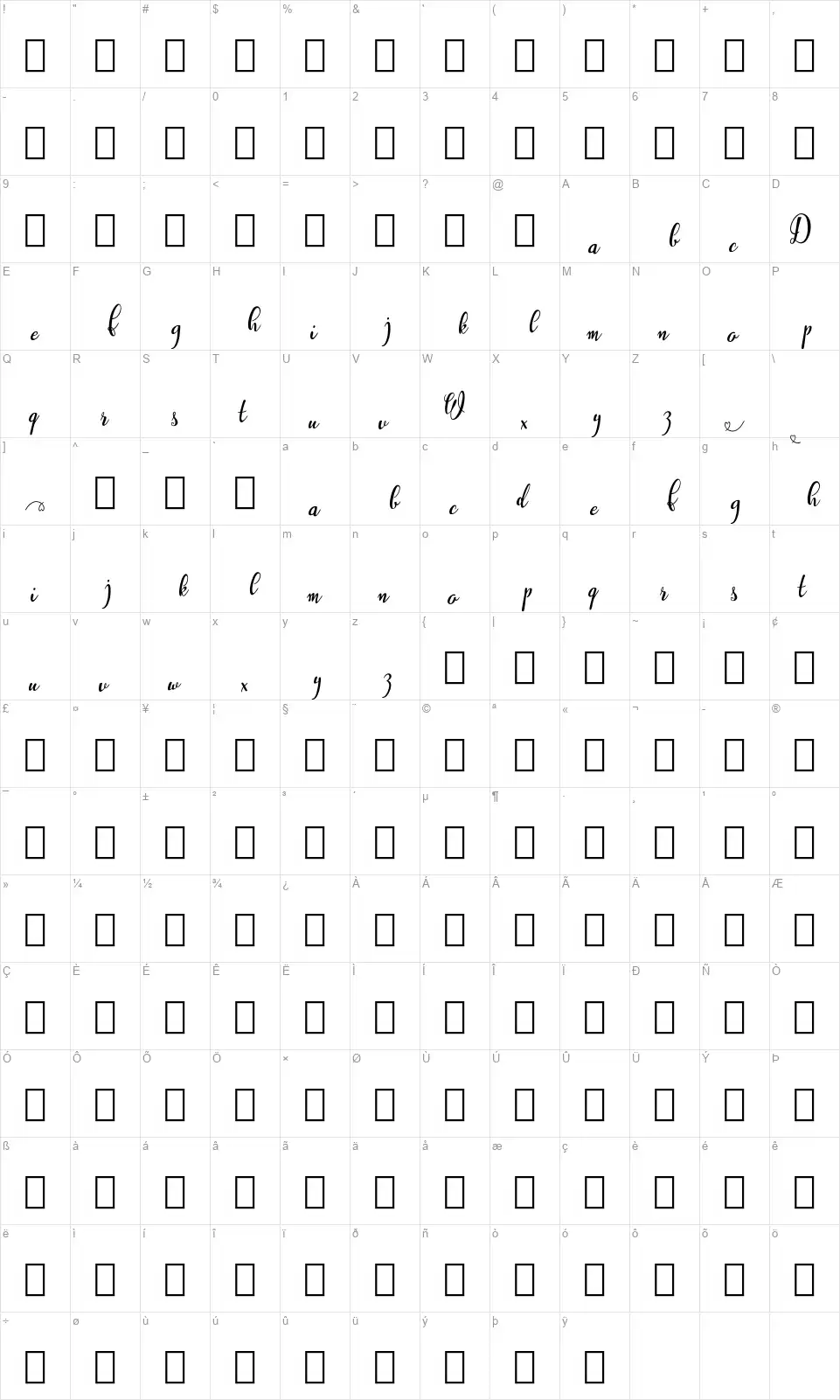 Westylerfont character map