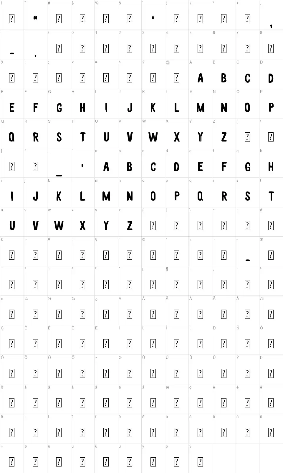 White woodfont character map