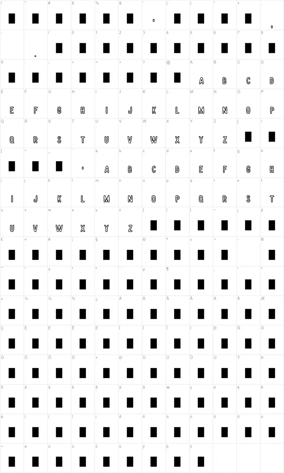 White Wood Hollowfont character map