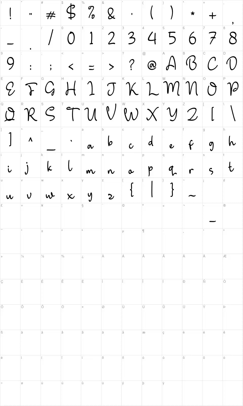 Windblowfont character map