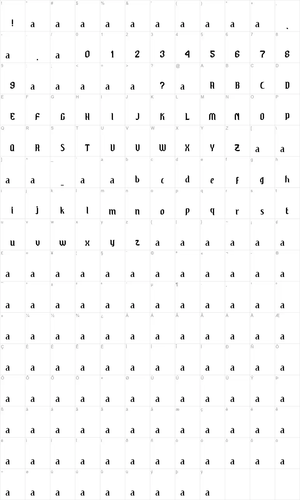 Windufont character map