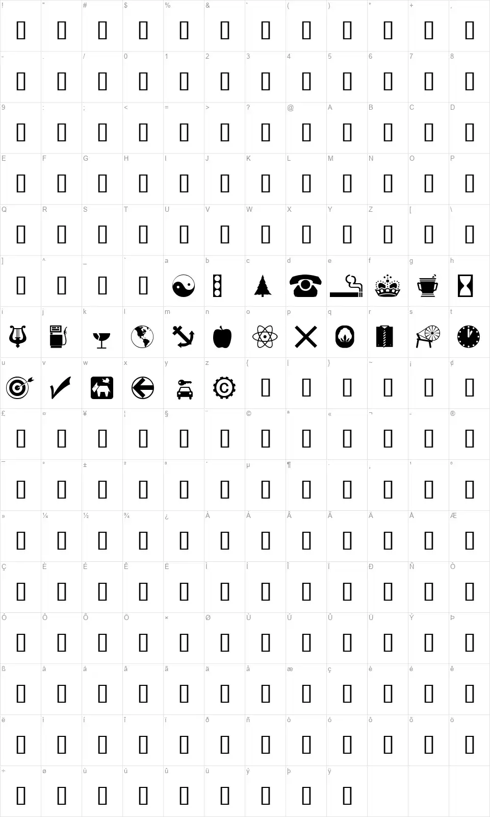 WM Symbolsfont character map
