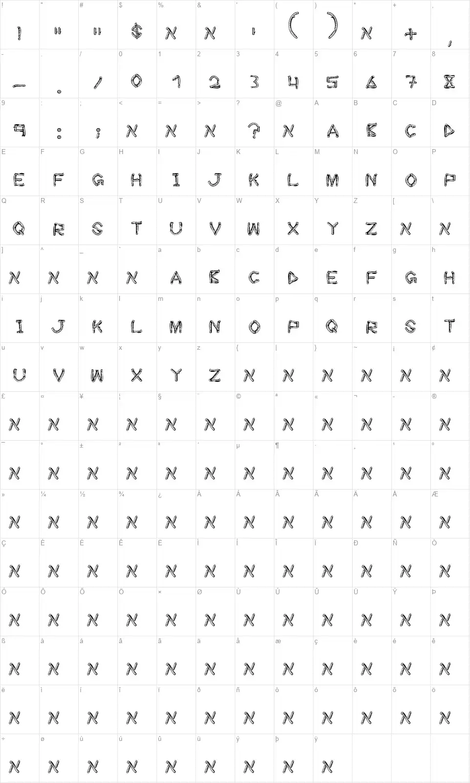 Wood Sticksfont character map