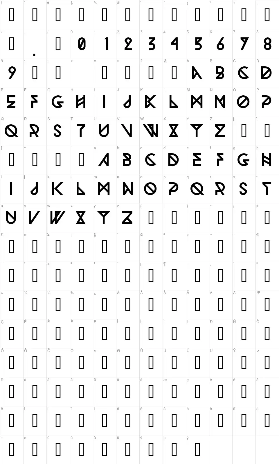 Woodwarriorfont character map