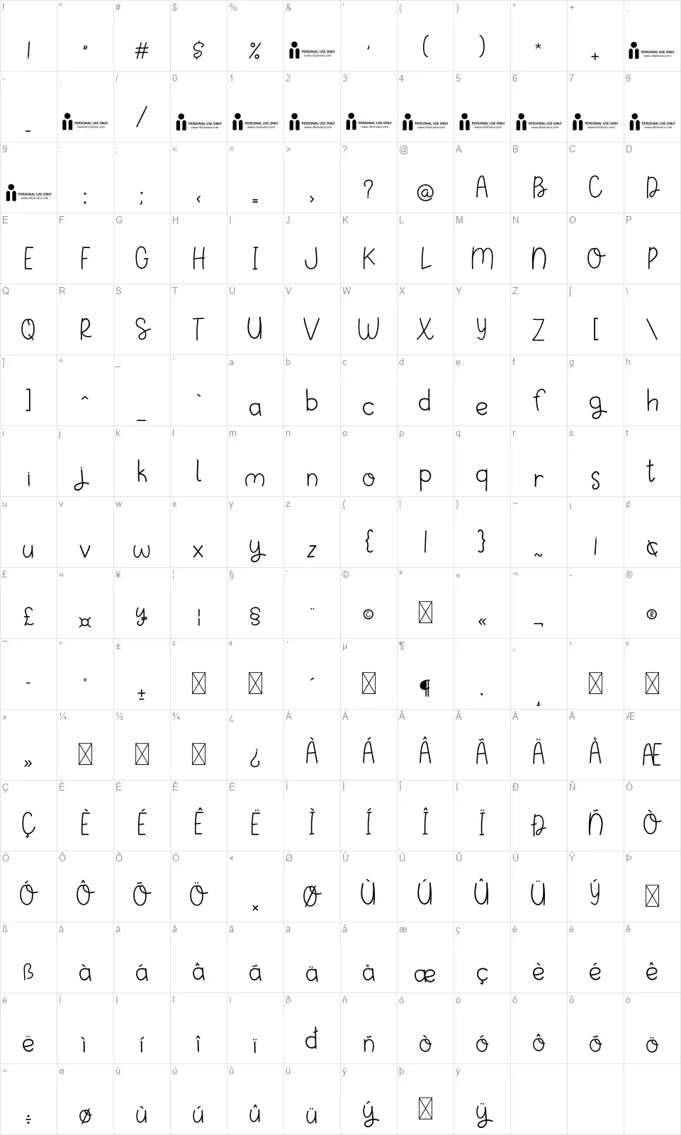 Woodylandfont character map