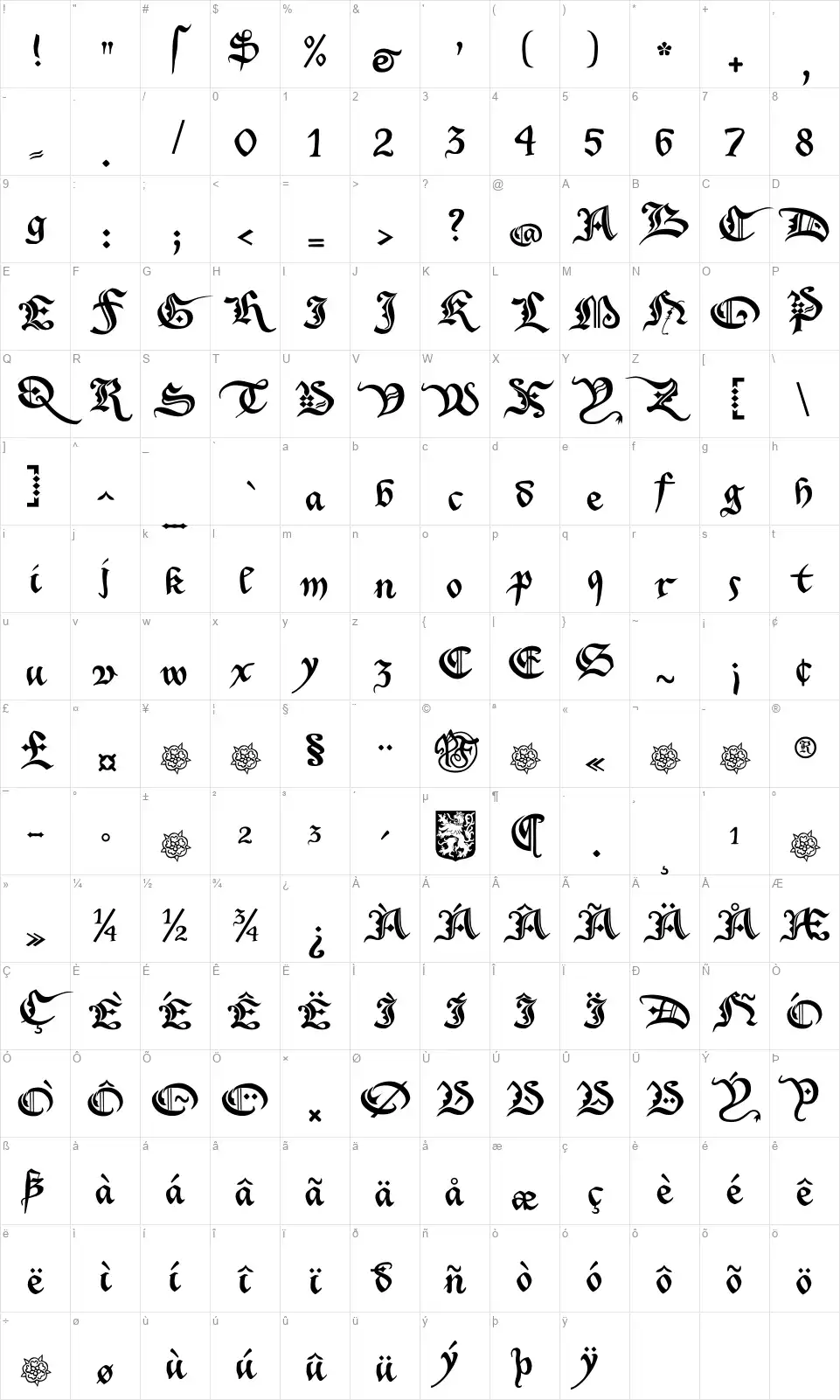 Xenippafont character map