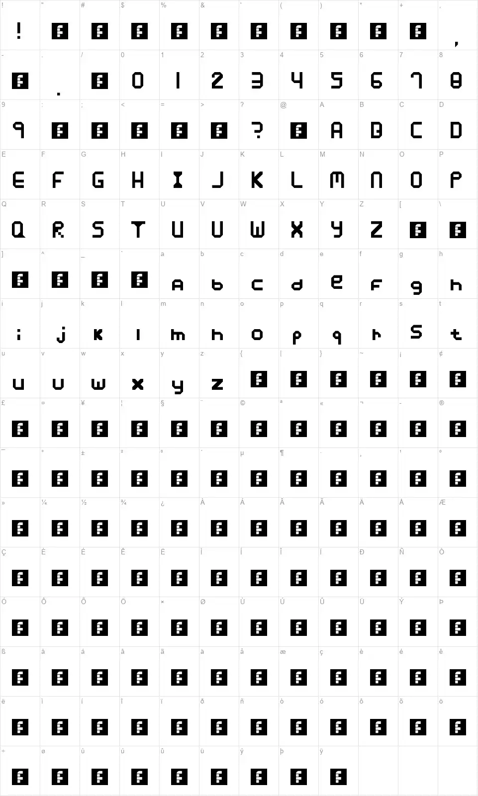 Xposurefont character map
