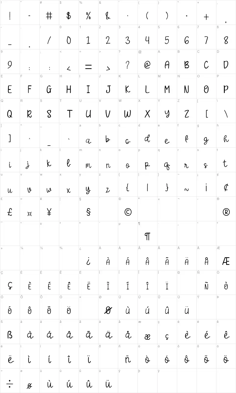Yagami Lightfont character map