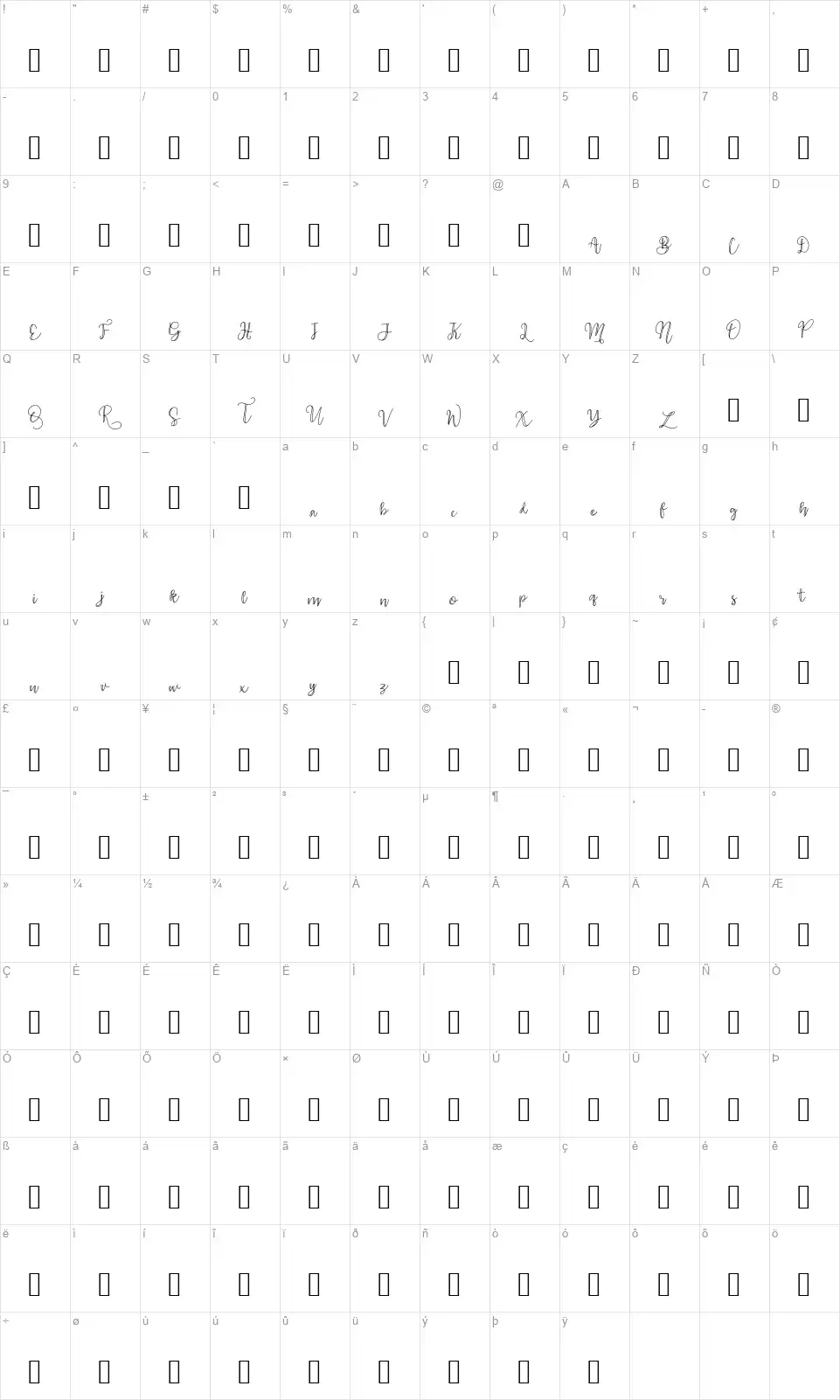 Yellow Weddingfont character map