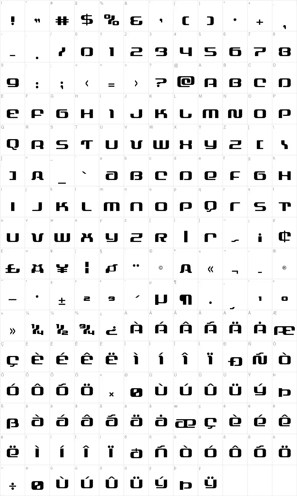 Yeoman Jackfont character map