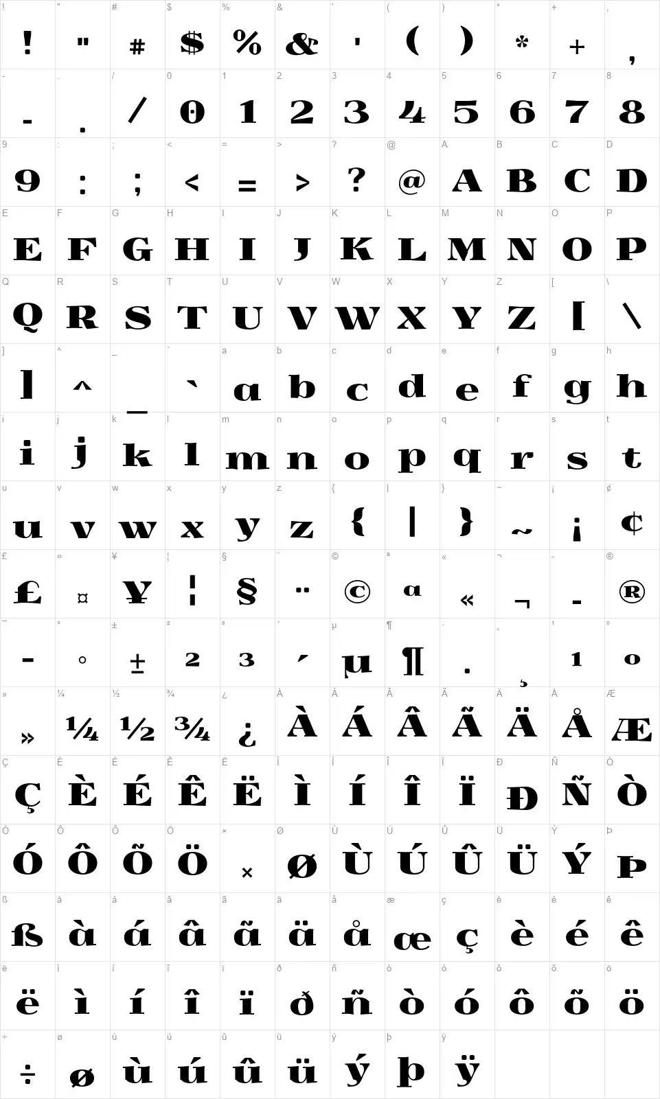 Yokaweradfont character map