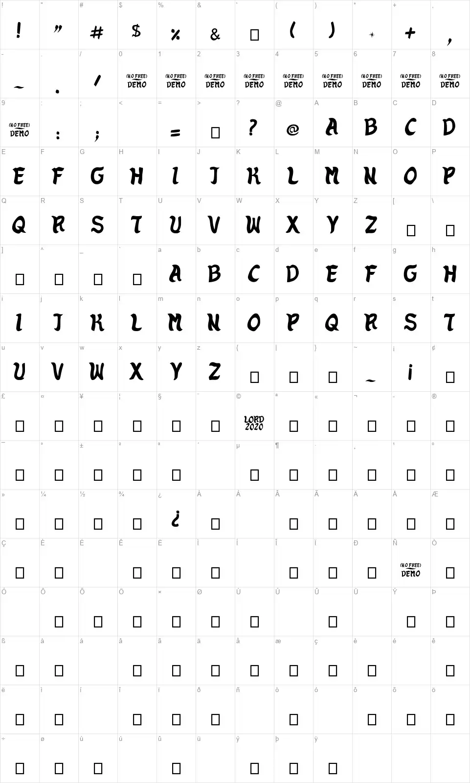 Zenenfont character map