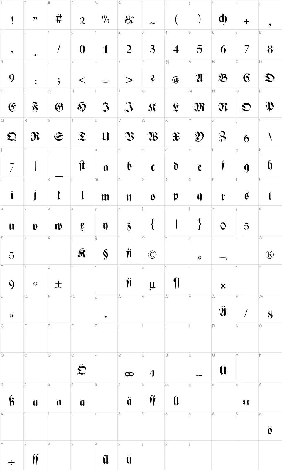 ZenFraxfont character map