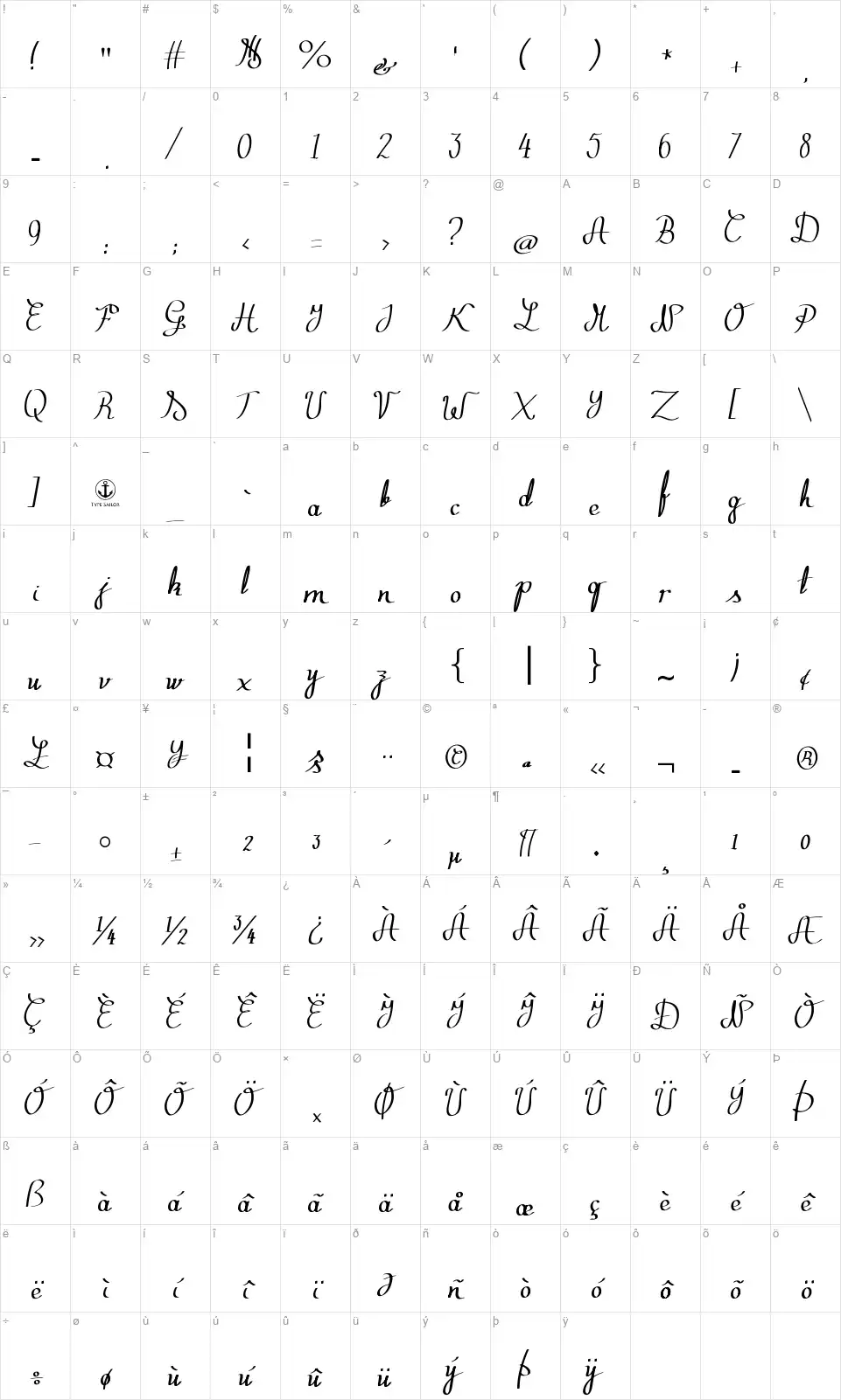 Zephirothfont character map